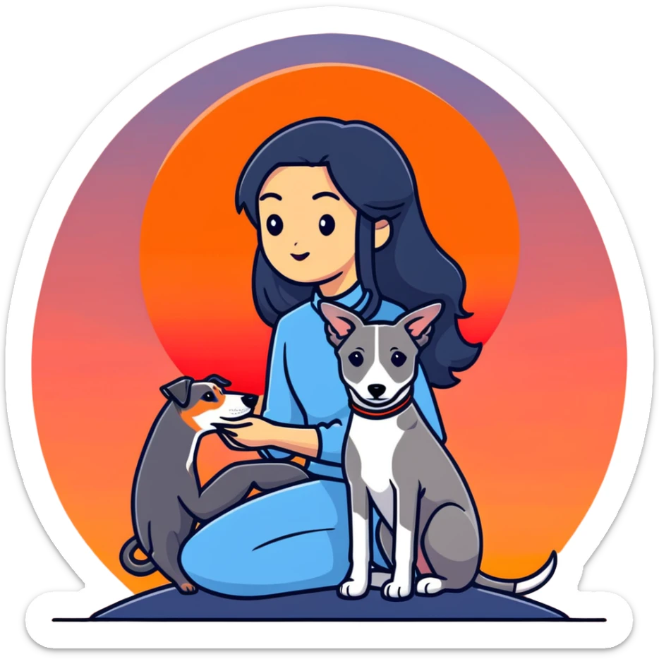 A very beautiful and attractive 25-year-old Chinese woman with long flowing black hair and a SOLID DARK GREY whippet sitting together during a beautiful sunset. The whippet MUST be COMPLETELY SOLID DARK GREY with ABSOLUTELY NO WHITE MARKINGS ANYWHERE - no white chest, no white face, no white paws, no white tip on tail - ENTIRELY ONE SOLID DARK GREY COLOR throughout the entire dog. Orange and red sunset sky in the background. sticker