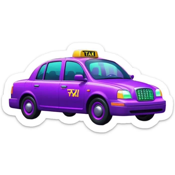 a purple neon taxi driving in a  purple and green neon city  sticker