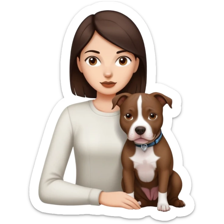 girl with dark brown long hair with her pitbull dog brown and white sticker