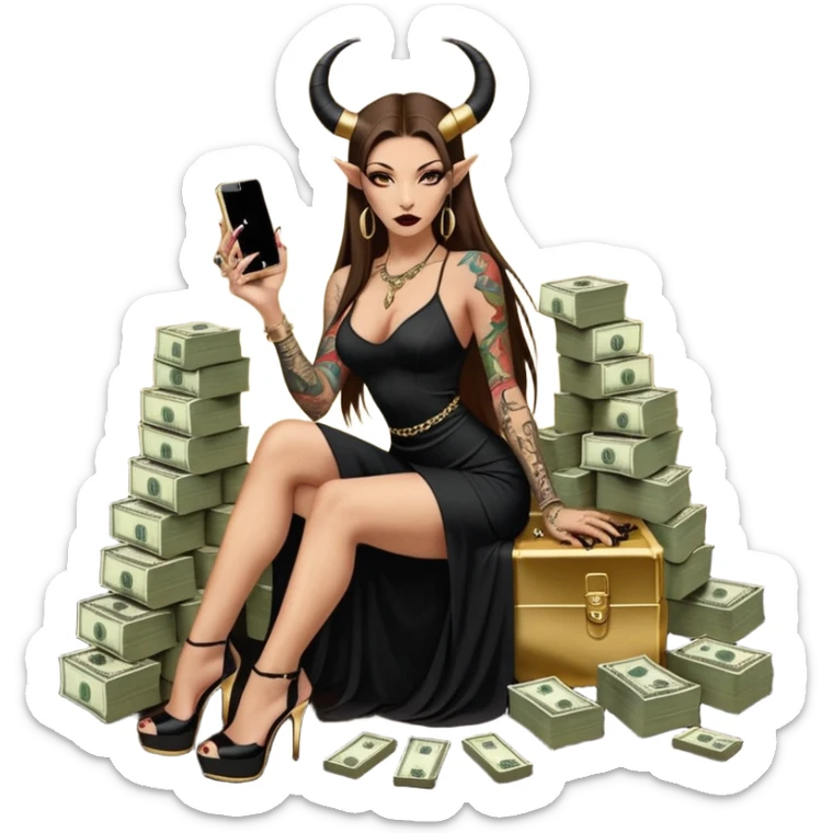 Sensual seductress long brown straight haired sexy drug lord woman with tattoos on arm sleeves and black gold platform high heels on her feet,  and devil black horns on her head, holding a stack of cash, has a phone in other hand. Sitting on gold cases full of drugs, long black dress with sexy slit sticker