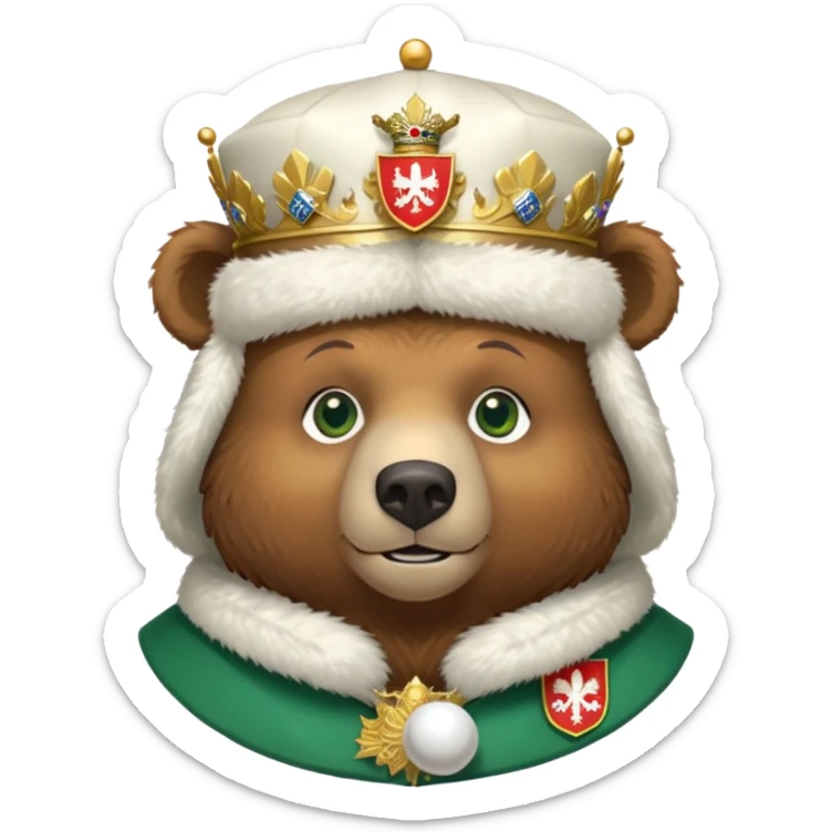 Just the head of a cute brown bear with green eyes, wearing white fur ushanka hat with highly detailed realistic Russian Federation coat of arms, showing double-headed eagle with crowns, scepter, orb and St. George shield, iOS emoji style sticker