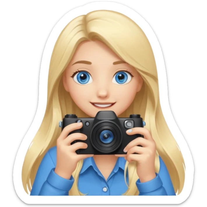 blue eyes blonde girl photographer cartoon taking picture in middle of taking picture camera in front of face long hair smiling funny flash professiona sticker