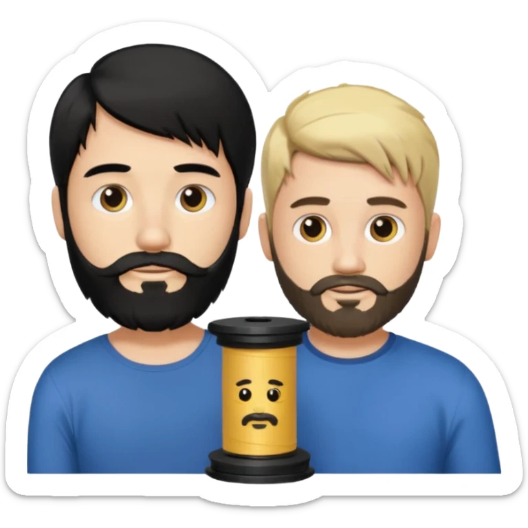 Man with long black hair tied in a spool and beard with a young short-haired blond without a beard sticker