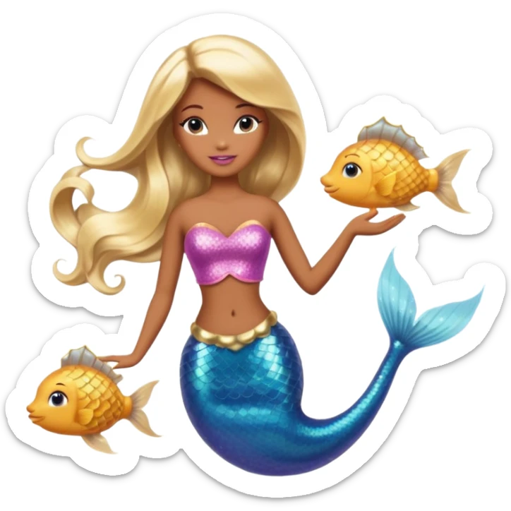 Brown skin blonde hair barbie mermaid with glitter tail  with pufferfish sticker