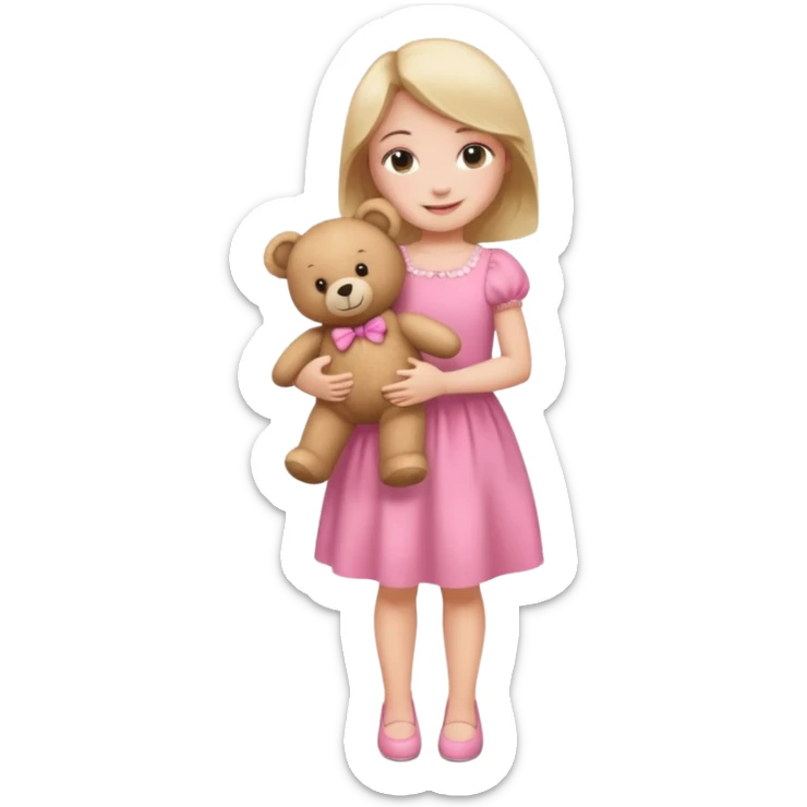 kid Girl in pink dress holding teddy bear, full body sticker