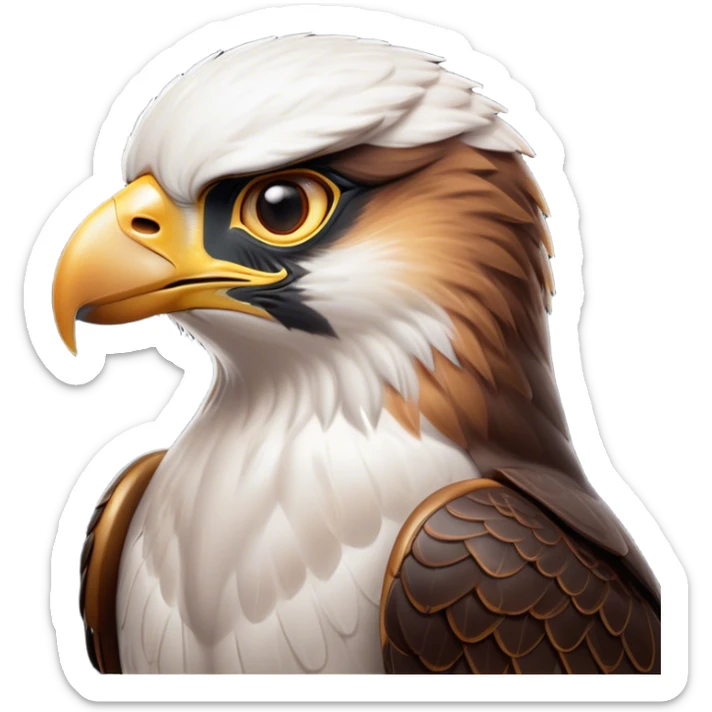 Cinematic Noble Falcon Portrait Emoji, Poised and majestic, with a streamlined, muscular build, a sharply hooked beak, and intense, piercing eyes that exude focus and speed, Simplified yet sharp and sophisticated features, highly detailed, glowing with a soft, amber radiance, high shine, intelligent and commanding, stylized with an air of aerial authority, focused and swift, soft glowing outline, capturing the essence of a watchful and confident falcon that appears ready to soar out of the screen with effortless power! sticker