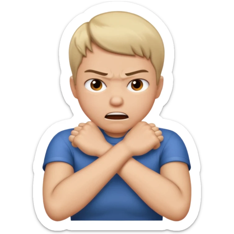 Grabbing throat with hands and looking angry with arms crossed and under chin sticker