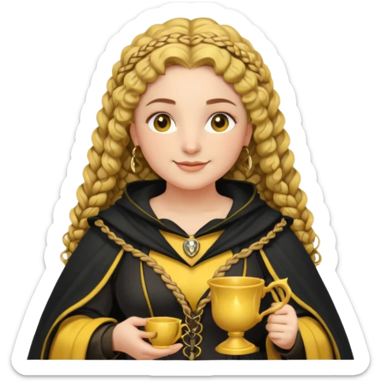 Helga Hufflepuff, 2 curly thick brown braids, yellow-black medieval dress, black cloak decorated with gold braiding, tiny two-handled shiny yellow-gold cup, very kind smile, curvy busty sweet woman, thick rosy cheeks sticker