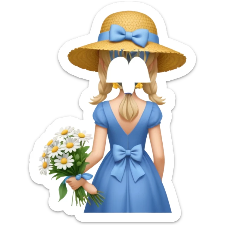a young woman in a blue dress with a bow, straw hat, and bouquet of daisies, seen from behind, soft lighting, simple background, 3D iOS Apple emoji style sticker