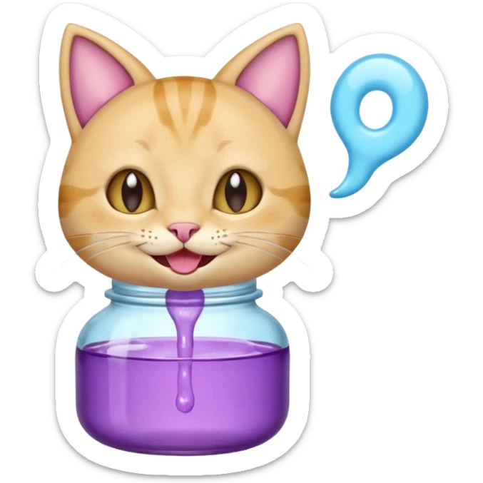 Smiling bottle of oil light purple top and light blue sticking tongue out and with cat ears sticker