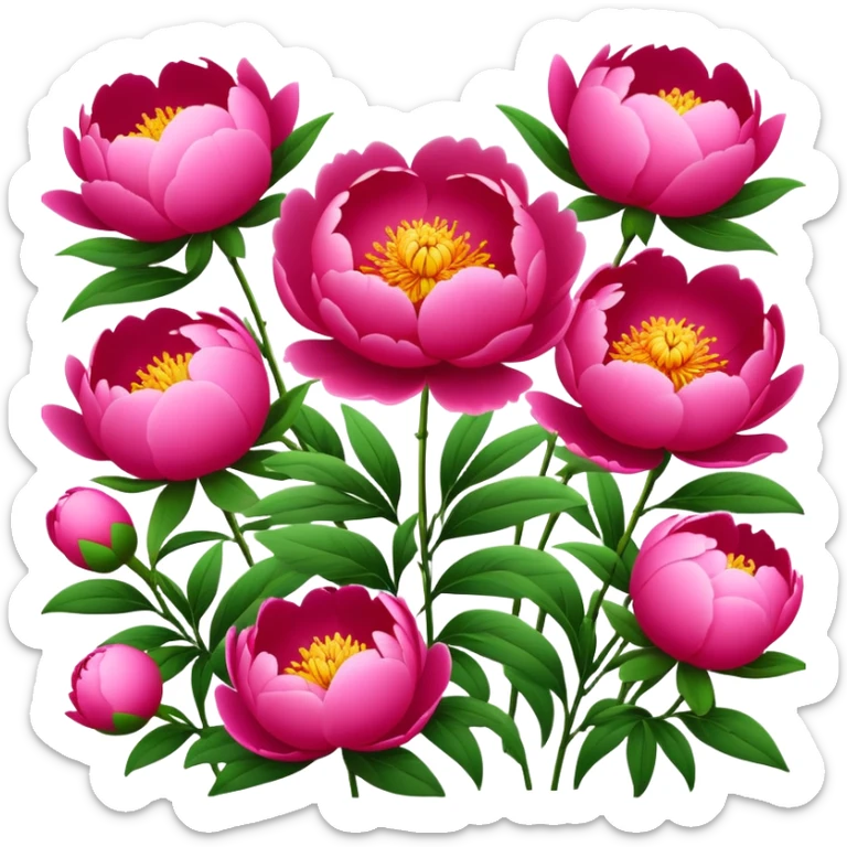 Luoyang Peony Festival colorful flowers park, simplified emoji style with bold outlines and bright colors, cartoon style blooming pink and red peonies sticker
