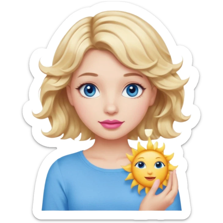 Girl Blonde short wavy hair,  blue eyes, cute blue top, long lashes, pink lips, holding the one sun   sticker