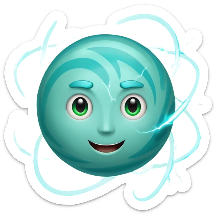 Uranus planet emoji in Apple style, blue-green color with visible swirling rings, playful, fun, and excited face, bold lightning bolts around, radiating electric, chaotic, and unexpected energy, expressive features sticker