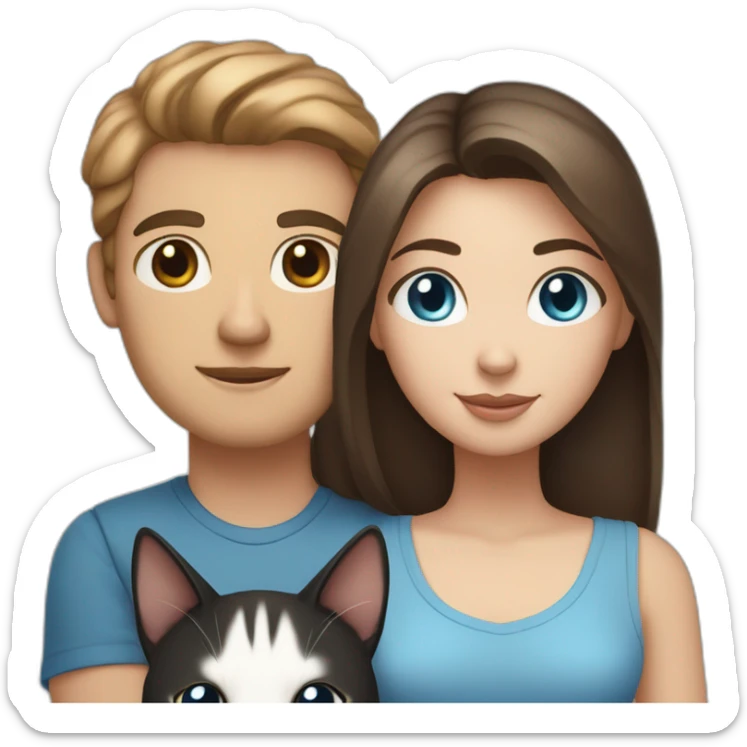 a dark-haired white man with brown eyes and a girl with light brown hair and blue eyes are holding hands and black and white cat and gray sticker