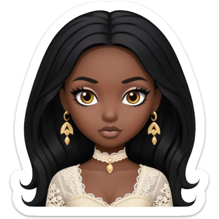 black skin, pretty, BLACK long black hair, pale skin, eyeliner, lace clothes, brown eyes bratz baddie sticker