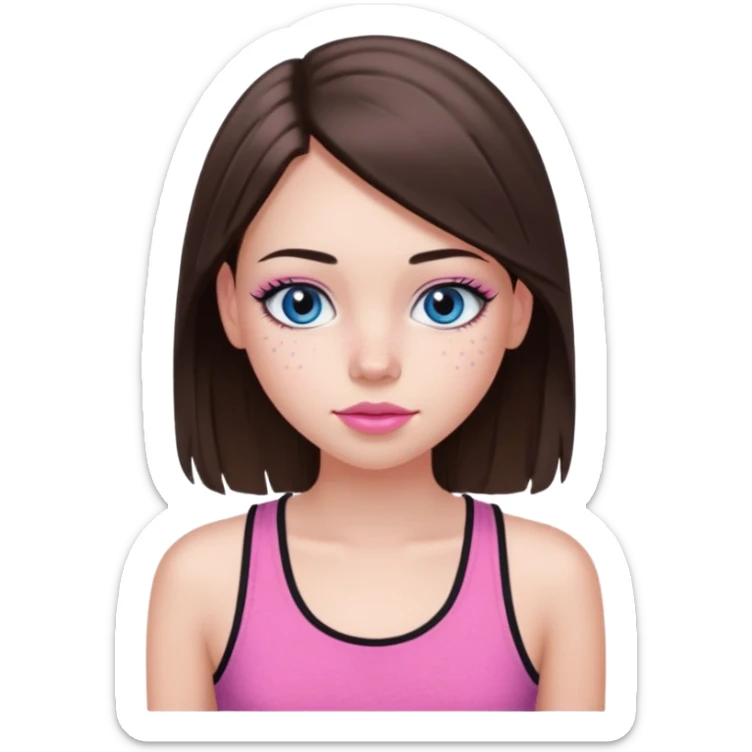 Create a teenage girl with long and straight brunette hair, light skin, light freckles, and blue-grey eyes. She will have pink lips and long black eyelashes. She will be wearing a pink tank top. sticker