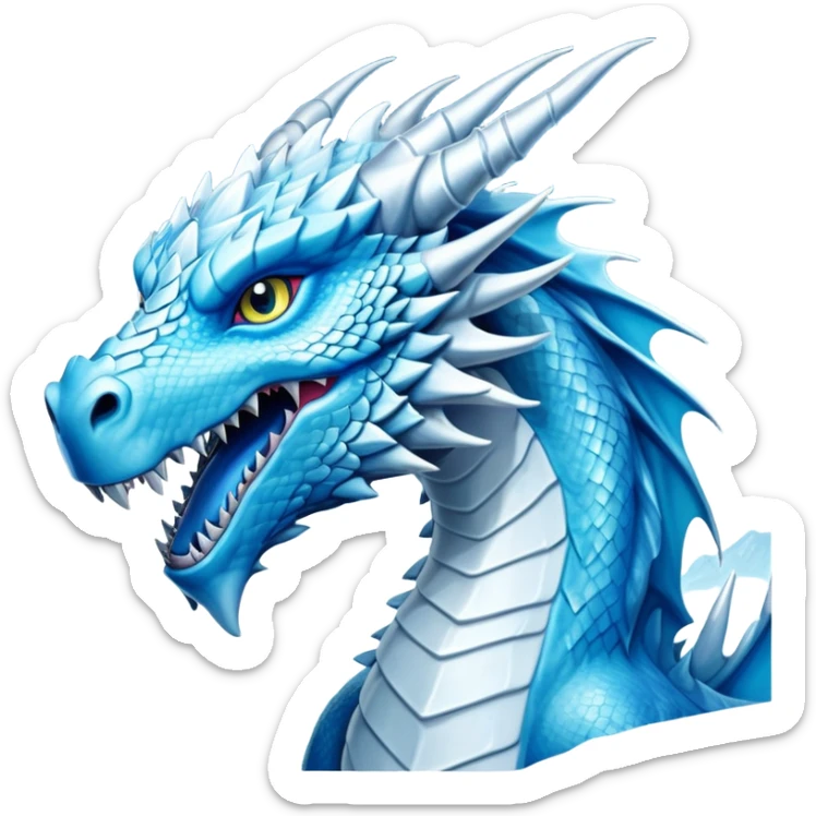 Cinematic Noble Fierce Ice Dragon Portrait Emoji, Poised and imposing, distinct long elegant snout, with a slender, scaled body shimmering in glacial hues of icy blue, frostbitten silver, and crystalline white, breathing out frost, with piercing, glowing eyes that radiate the chilling depths of an arctic storm; rendered in detail. sticker