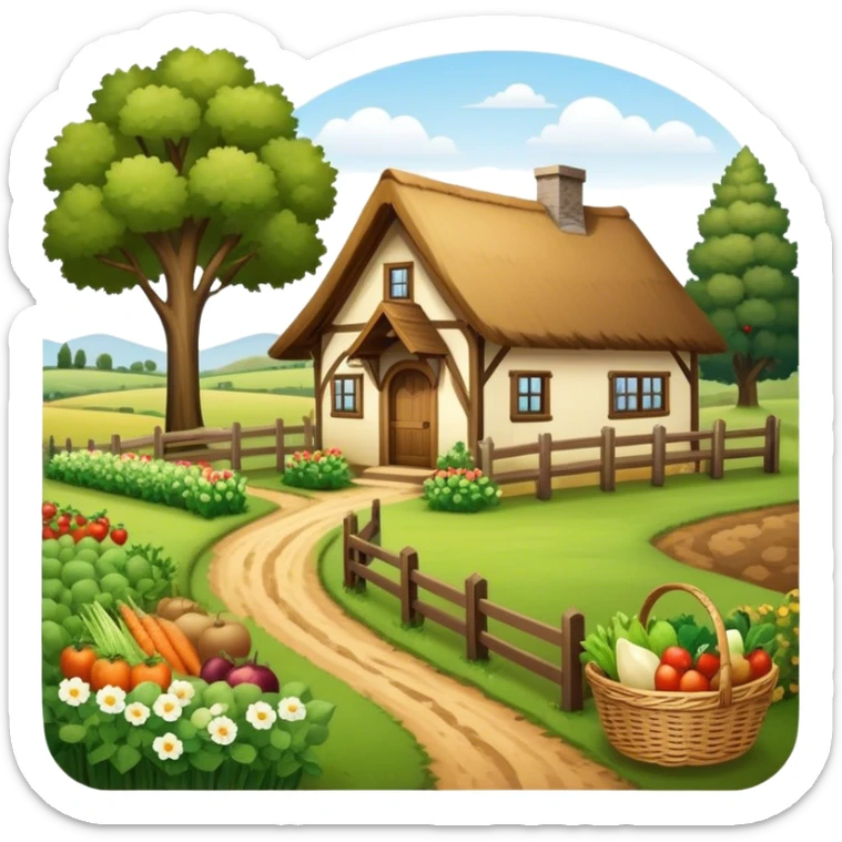 Icon for Rural Tourism: a peaceful countryside scene with a wooden cottage, a dirt path, grazing animals, and a basket of fresh produce. The icon should represent the tranquility and charm of rural life. Transparent background. sticker