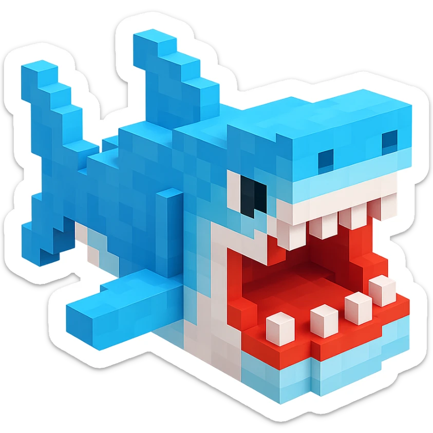 voxel style shark, open mouth, blocky, blue and silver, no background sticker