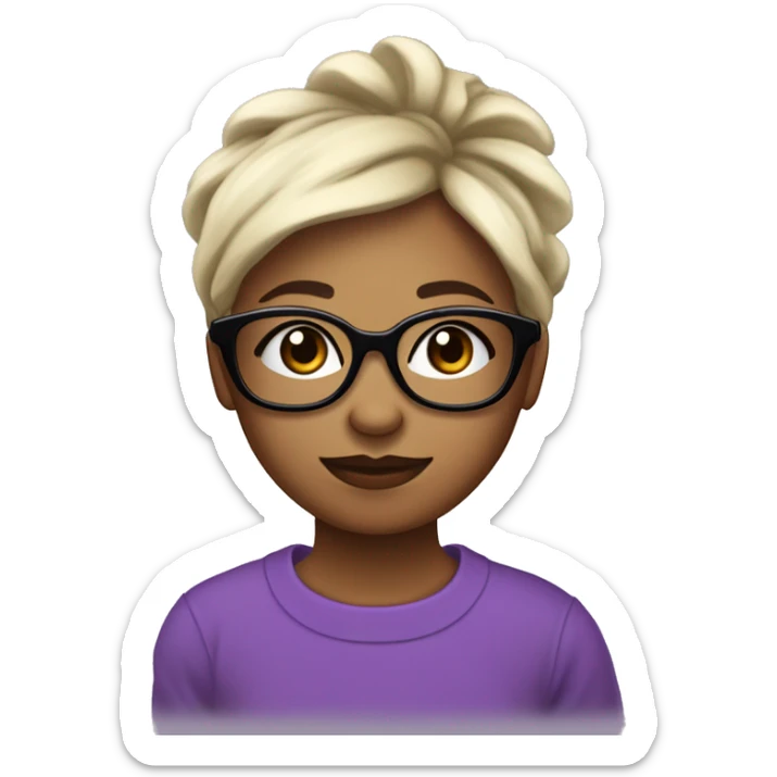 Une fille avec une peau blanche des lunettes violettes des taches de rousseurs cheveux mi long noir porte un t shirt de fleur  sticker