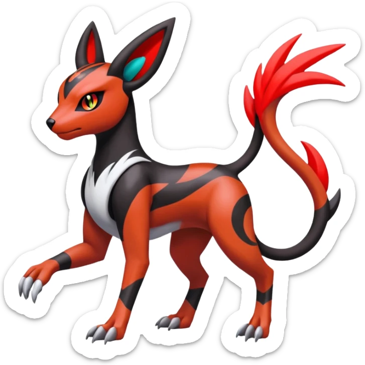 Colorful Meloetta-Houndour-Guilmon-Darkrai-Pokémon-Fakémon-fusion-hybrid-creature with abstract markings sticker