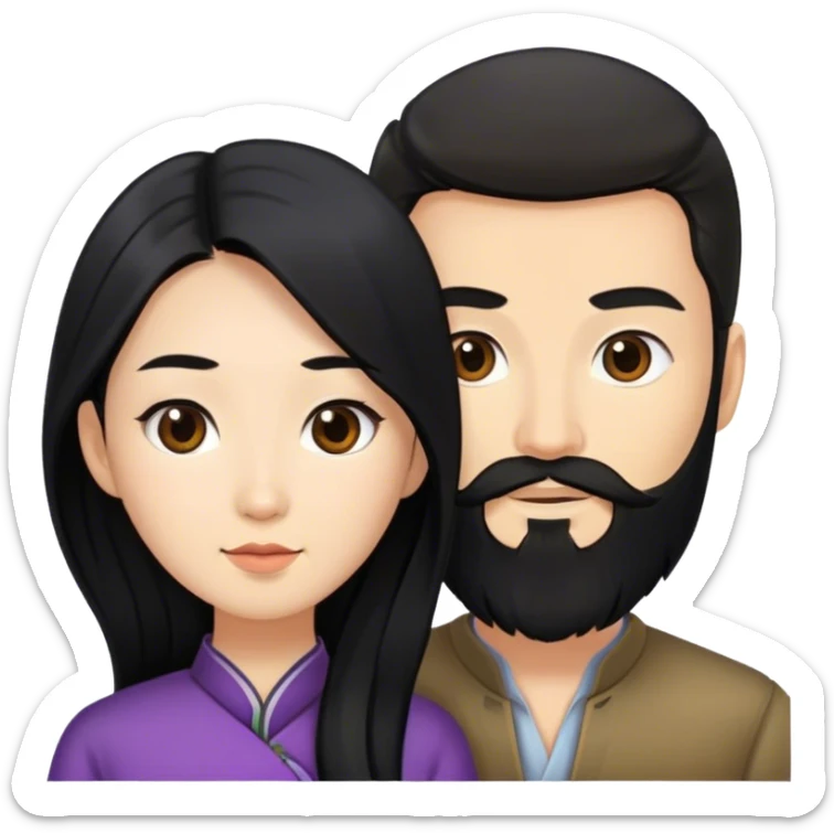 Asian woman with black long hair together with European guy who has black beard  sticker