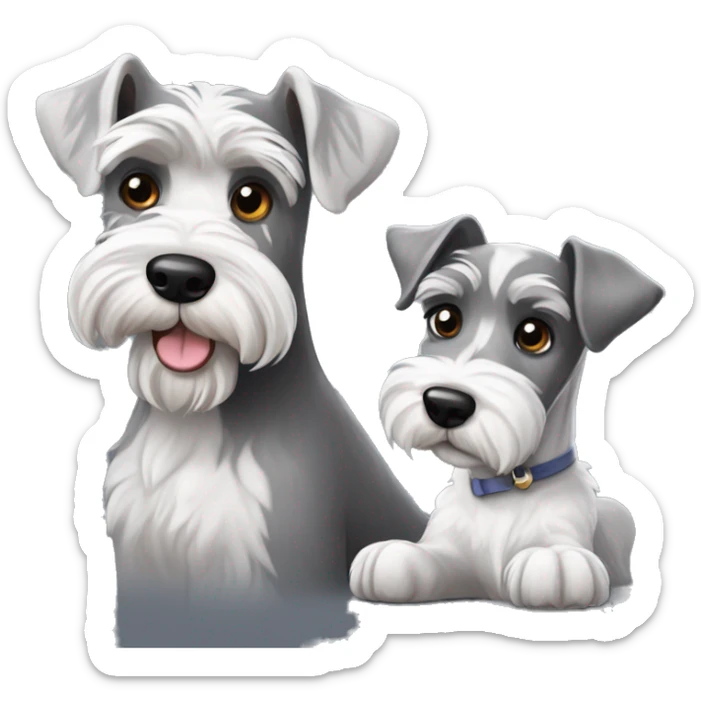 One big gray and dark eyed schnauzer with one small all white schnauzer puppy sticker
