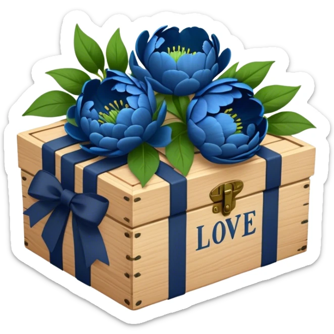 An antique wooden box filled with love blue letters tied with deep green bows, accompanied by a bouquet of navy blue peonies. sticker