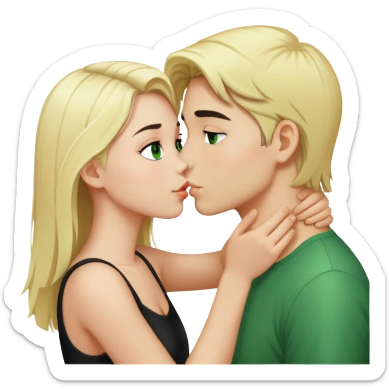 Kissing couple of boy with short black hair and green eyes and blonde girl with long hair sticker