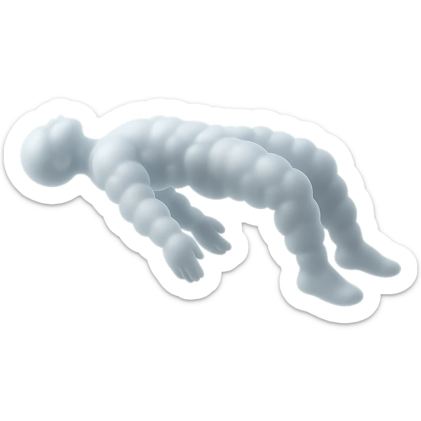 side view of unconscious person flying with torso upwards, legs and arms downwards, made of small very bright white fluffy convex clouds, matte glass style sticker
