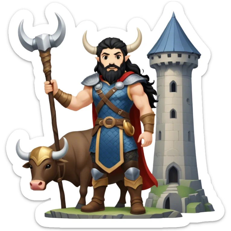 vikingo con armadura de Asgard, con cuerno de vaca, pelo negro ondulado, de pie, grito de guerra en torre de Asgard. sticker