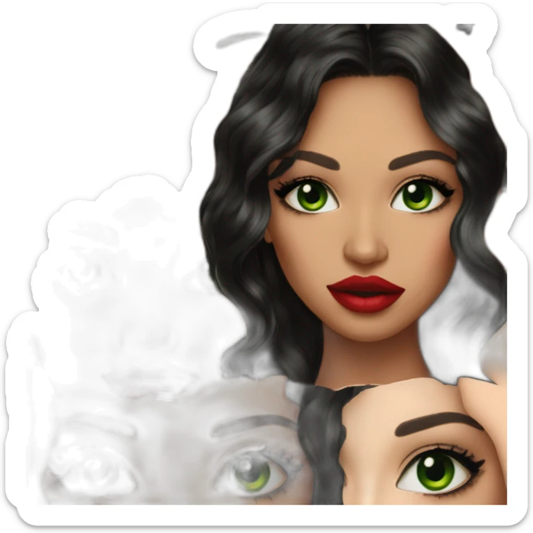 beautiful woman, green eyes, black long wavy hair, tawny skin, big lips, red lipstick, great makeup sticker