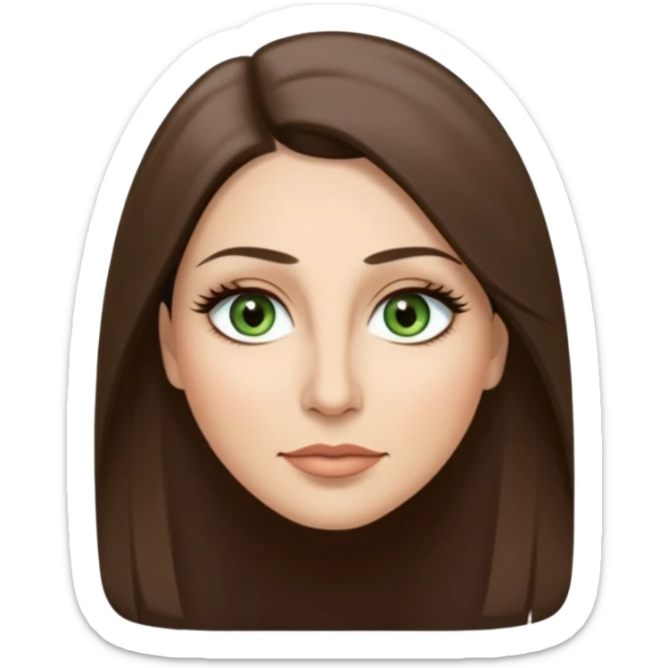 43. year old Adult woman avatar, light skin tone, long, oval face, long straight ashy brown hair, green almond-shaped eyes with dramatic eyelashes and minimal eyeliner, neutral mouth, medium straight eyebrows, small nose, smooth skin sticker