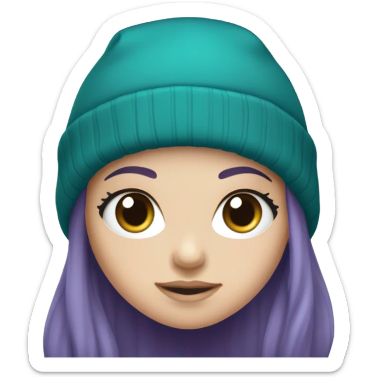 White girl, blue eyes, long teal hair, purple beanie hat, black hoodie sticker