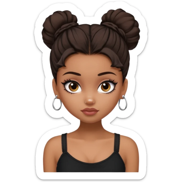 generate a pretty bratz girl in black cami top, dark brown messy bun, eyeliner on. dark brown eyes. NO EARRING sticker
