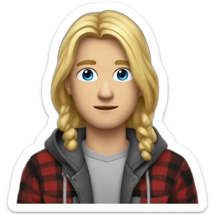 long haired blond guy skinny, tired looking, blue eyes, wearing a grey hoodie zip up with a red and black flannel under the jacket sticker