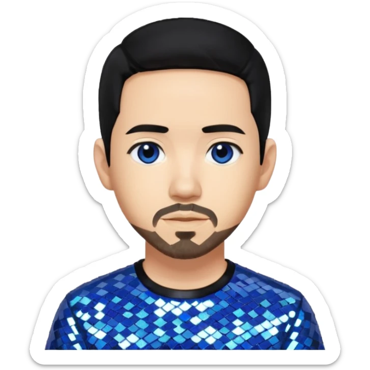 Mike Shinoda with black hair with blue highlight, black sequin shirt, brown eyes sticker