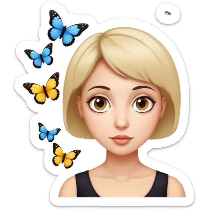 Mujer de 40 años pelo corto con ojos grandes y nariz redondita y unas mariposas al rededor  sticker