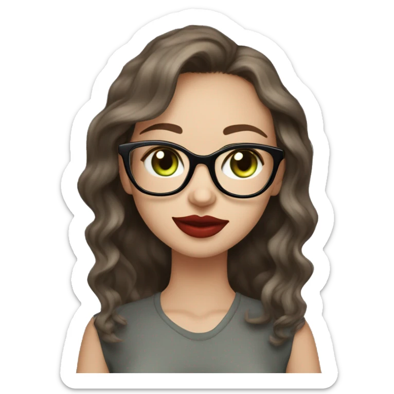 23 years old girl
long a bit wavy brown hair
light skin
red lipstick
glasses with thin frame
grey/green eyes
long eyelashes and cat eyes
black silk shirt  sticker