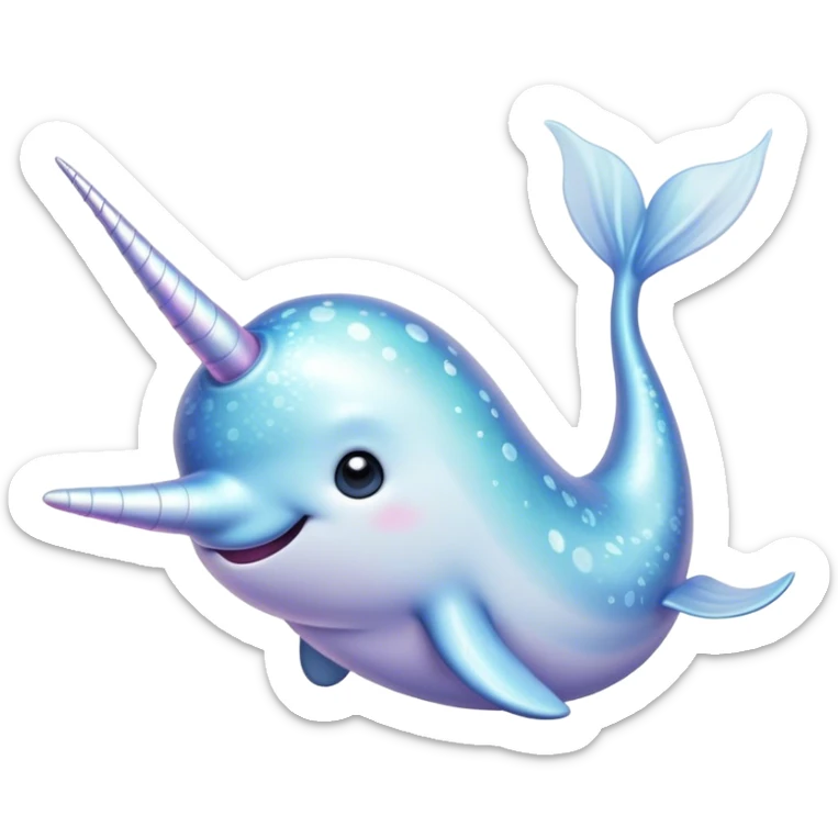 Cinematic Cute Cute Narwhal Portrait Emoji, Head tilted playfully and inquisitively, featuring a charming, sleek body with softly iridescent skin, a prominently spiraled tusk and large, twinkling eyes full of gentle wonder, Simplified yet irresistibly adorable features, highly detailed, glowing with a warm, inviting ocean glow, high shine, affectionate and lively, stylized with a touch of magical sea whimsy, soft glowing outline, capturing the essence of a mischievous yet endearing cute narwhal that seems as if it could frolic out of the screen into your heart! sticker