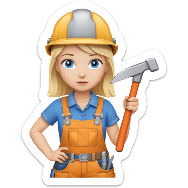 A blond girl blue eyes, habdyman Outfit, wearing a Helmet and a Hammer, Whole body  sticker