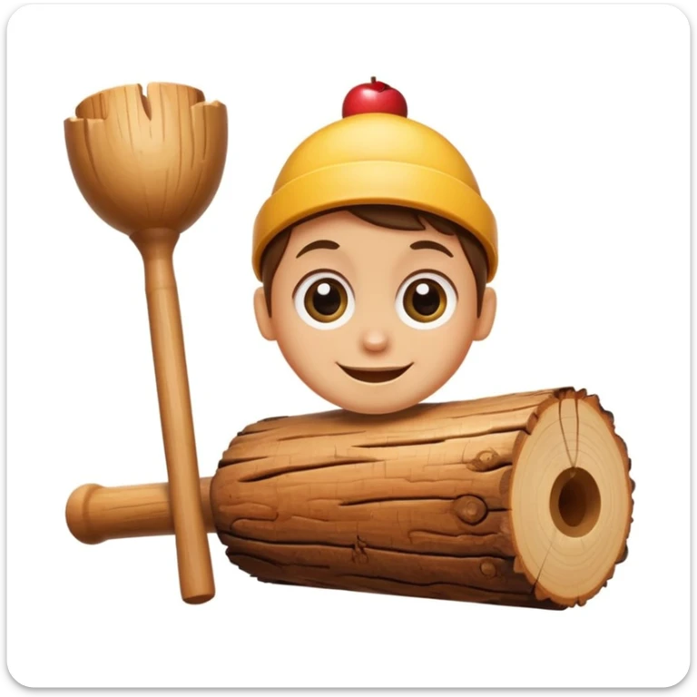 caricature of a smiling wooden log with big eyes, holding a small mallet, apple emoji style, white background, cute and colorful sticker