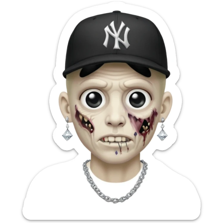 Zombie con aretes con una gorra new York yankee y una cadena de diamante hombre aretes pequeños y de negro y blanco  sticker