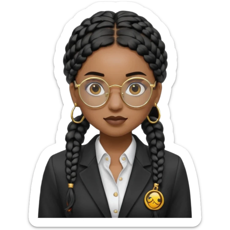 a young woman wearing fine gold round glasses and black hair in braids, she has light black skin, she's wearing cool professional clothes sticker