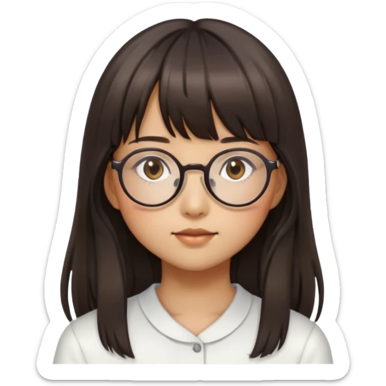 A girl with long hair and a bang. She wears round glasses and has brown eyes. She has some Asian features sticker