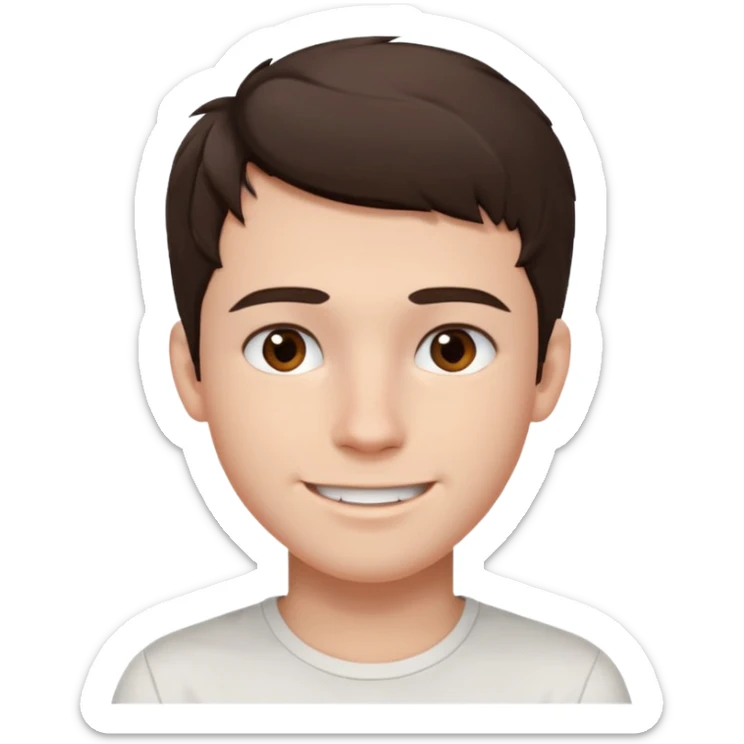 create an emoji of a teenage man, square face, smile. he has an English look, very messy dark brown hair, dark brown eyes, pale skin, natural lips. he wears a short sleeve very white shirt sticker