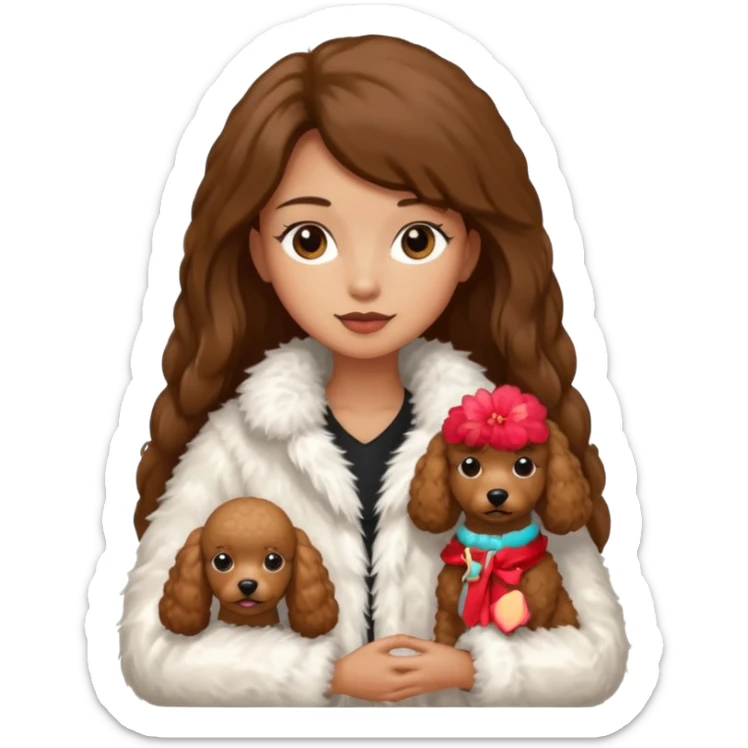 A girl with a long brown straight hair and wearing a fur white jacket holds a brown poodle sticker