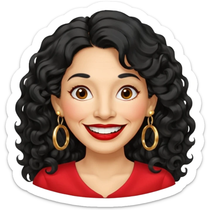 60 yr old peruvian woman, wavy/curly long black hair, red lipstick, big smile, white teeth, brown eyes, hoop earings, side part to hair, round face sticker