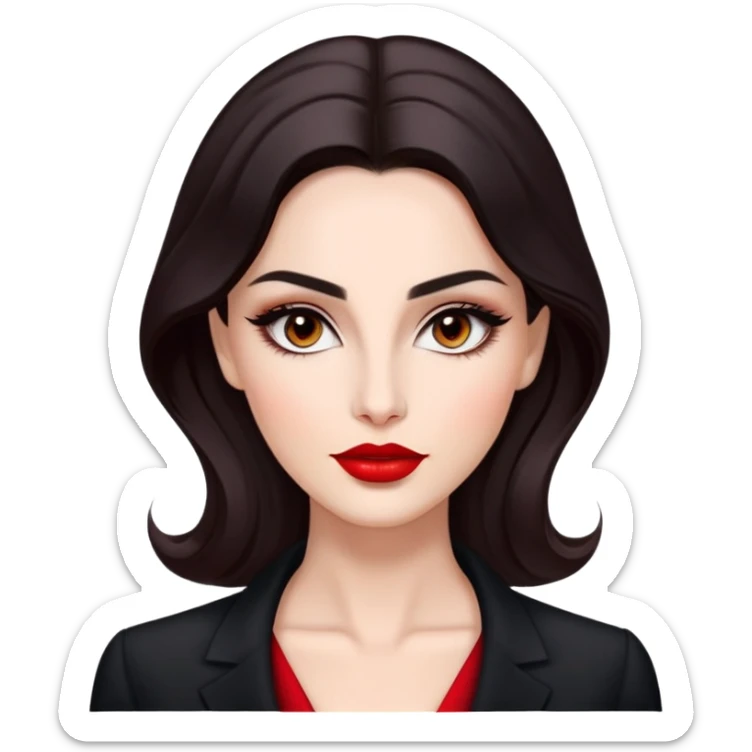 Elegant actress with luminous skin, elongated face, dark almond eyes with tasteful eyeliner, thick eyebrows, straight nose, red lips, voluminous dark hair with gentle waves, black professional attire, dignified confident pose sticker