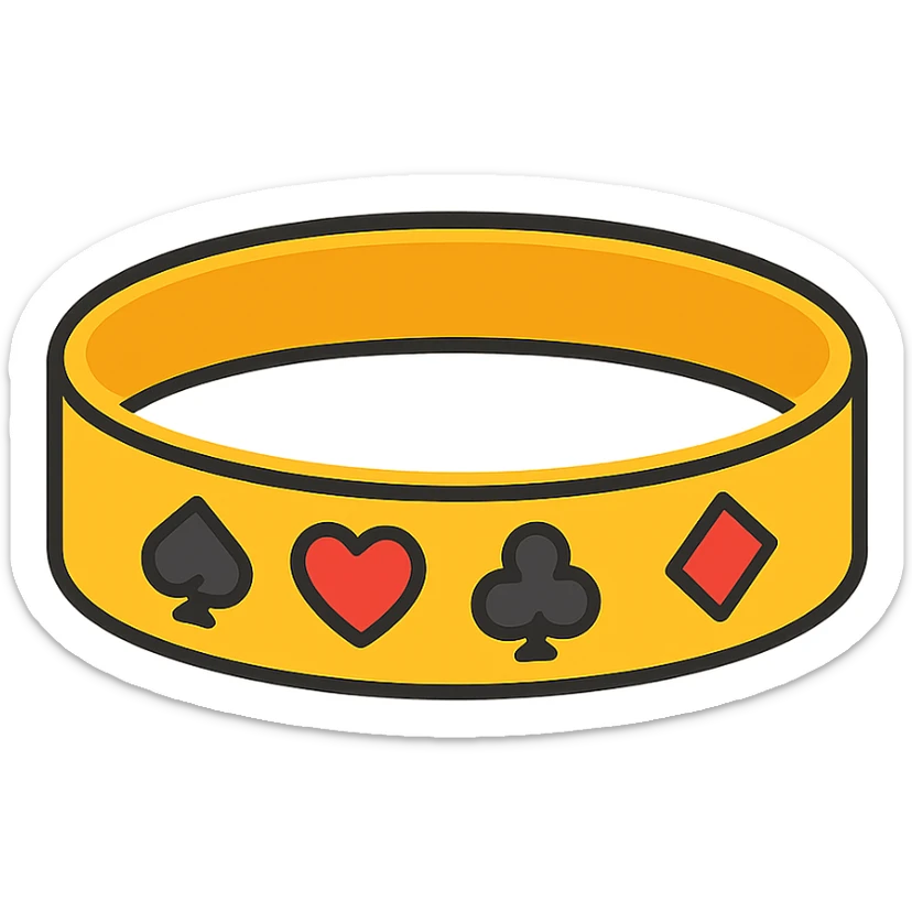 gold poker bracelet with card suit symbols, lineal color icon style, black outlines sticker
